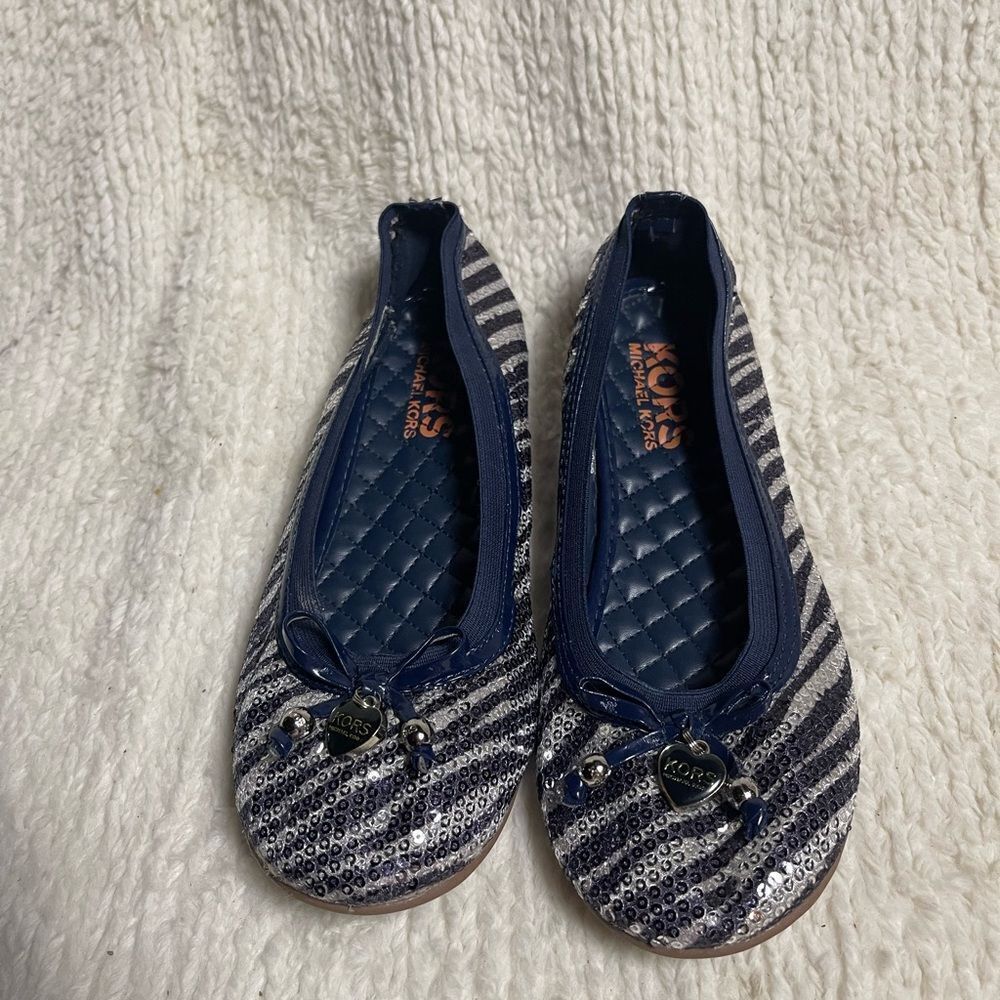 Michael Kors Kids' Striped Navy and Silver Slippers SZ4